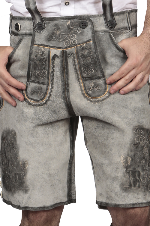 Shaded grey leather shorts with ornate scrollwork embroidery and dark leather trim on decorative bibs
