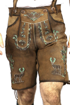 Mens Lederhosen Brown Green Deer Motifs