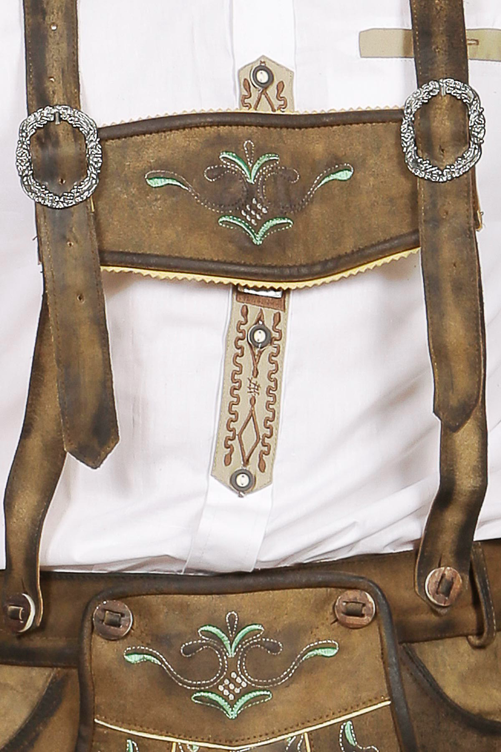 Mens Lederhosen Brown Green Deer Motifs
