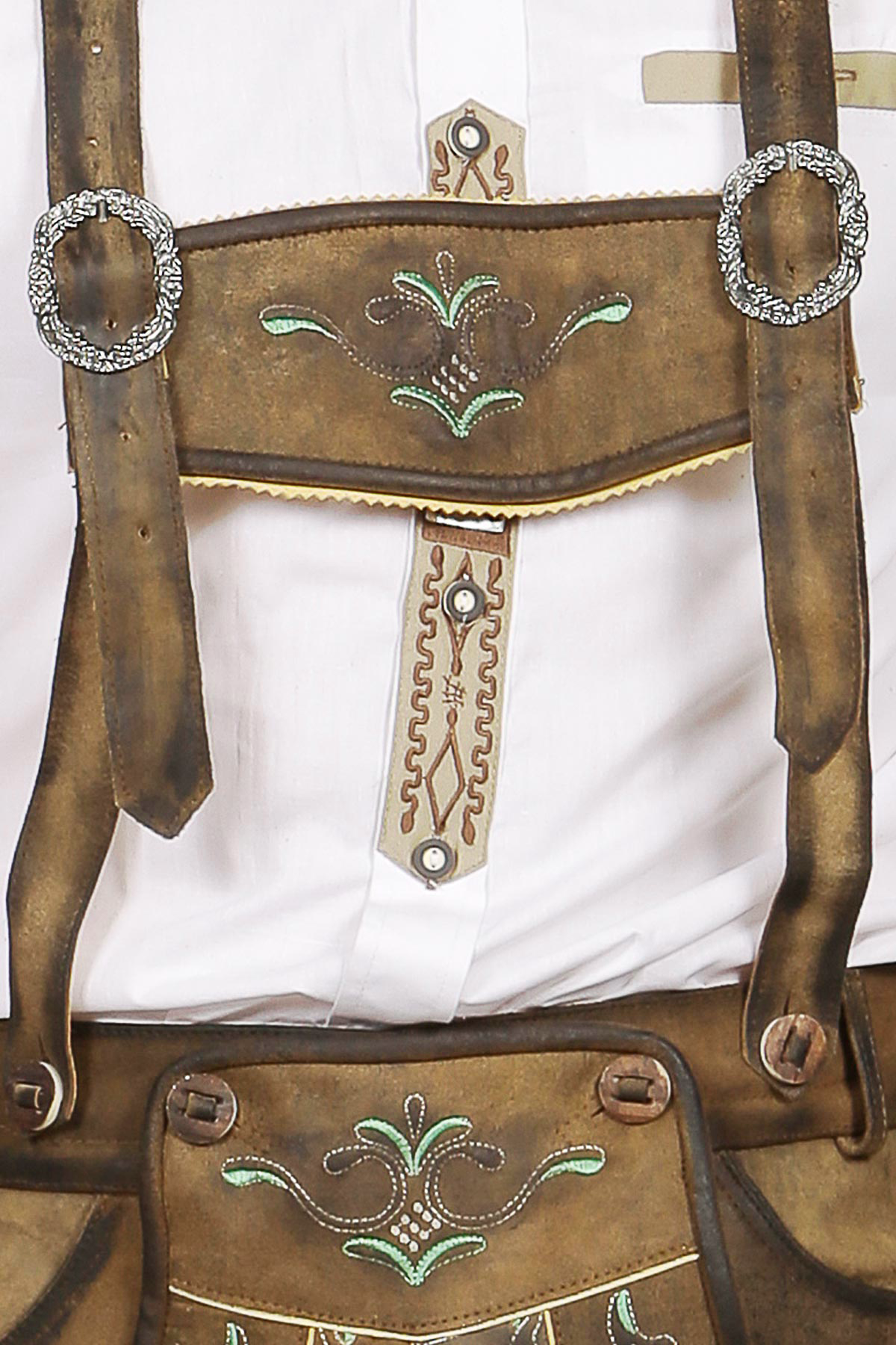 Mens Lederhosen Brown Green Deer Motifs