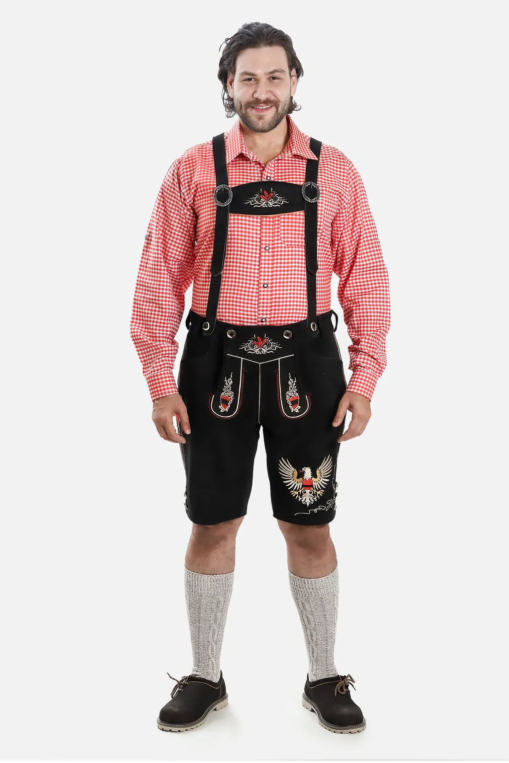 German Lederhosen Men in Black with Suspenders and Traditional Eagle Embroidery