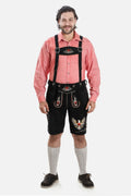 German Lederhosen Men in Black with Suspenders and Traditional Eagle Embroidery