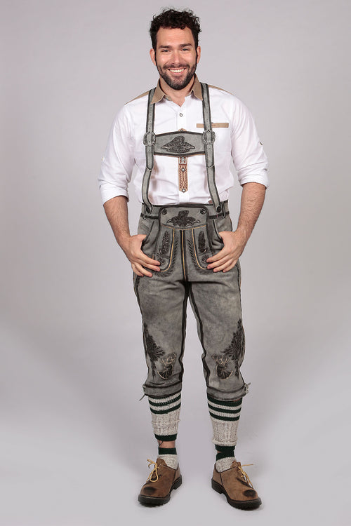 Gray-sage suede Bundhosen with vine and bird embroidery in silver, ornate bib with decorative pockets