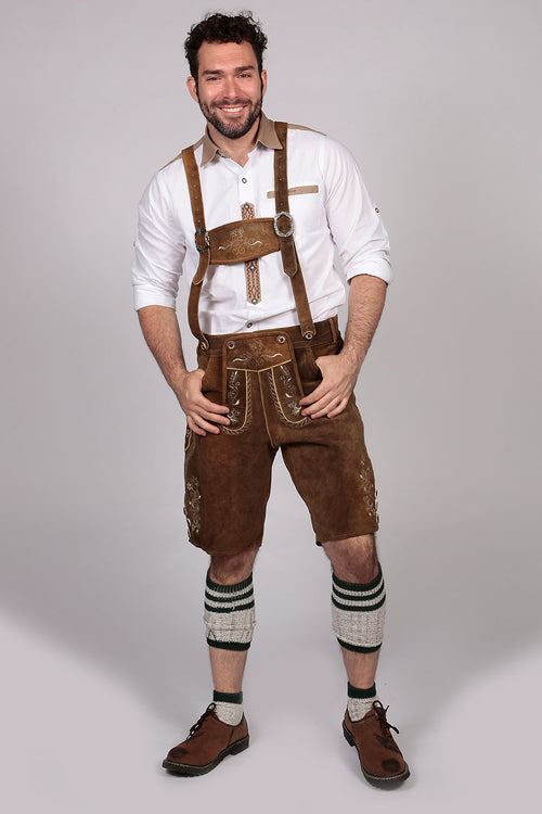 Brown suede Plattler shorts with ornate floral embroidery in cream and gold, decorated bib pockets