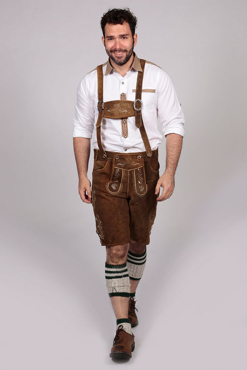 Brown suede Plattler shorts with ornate floral embroidery in cream and gold, decorated bib pockets