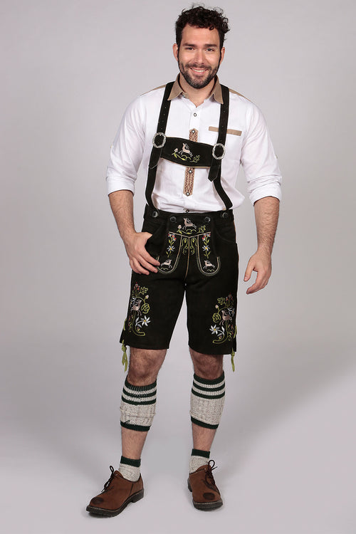 Traditional black Bavarian short pants with intricate wildlife and flower embroidery throughout the cut