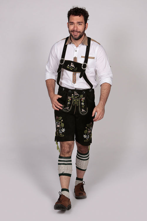 Traditional black Bavarian short pants with intricate wildlife and flower embroidery throughout the cut