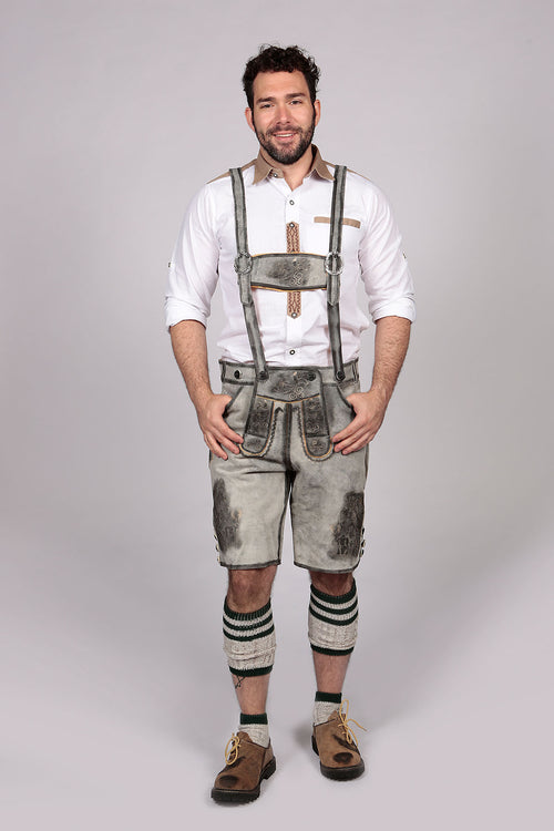 Shaded grey leather shorts with ornate scrollwork embroidery and dark leather trim on decorative bibs