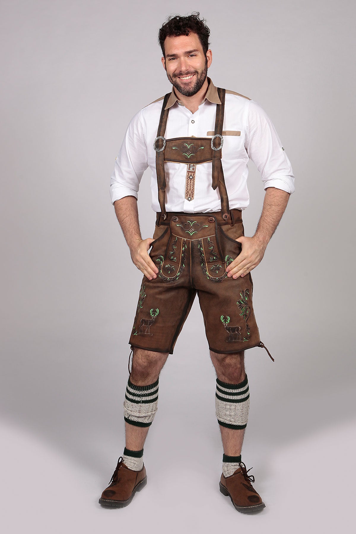 Mens Lederhosen Brown Green Deer Motifs – Lederhosen Store
