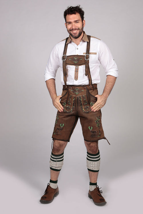 Brown leather shorts with stag and vine embroidery in green and cream, ornate bib with scrollwork