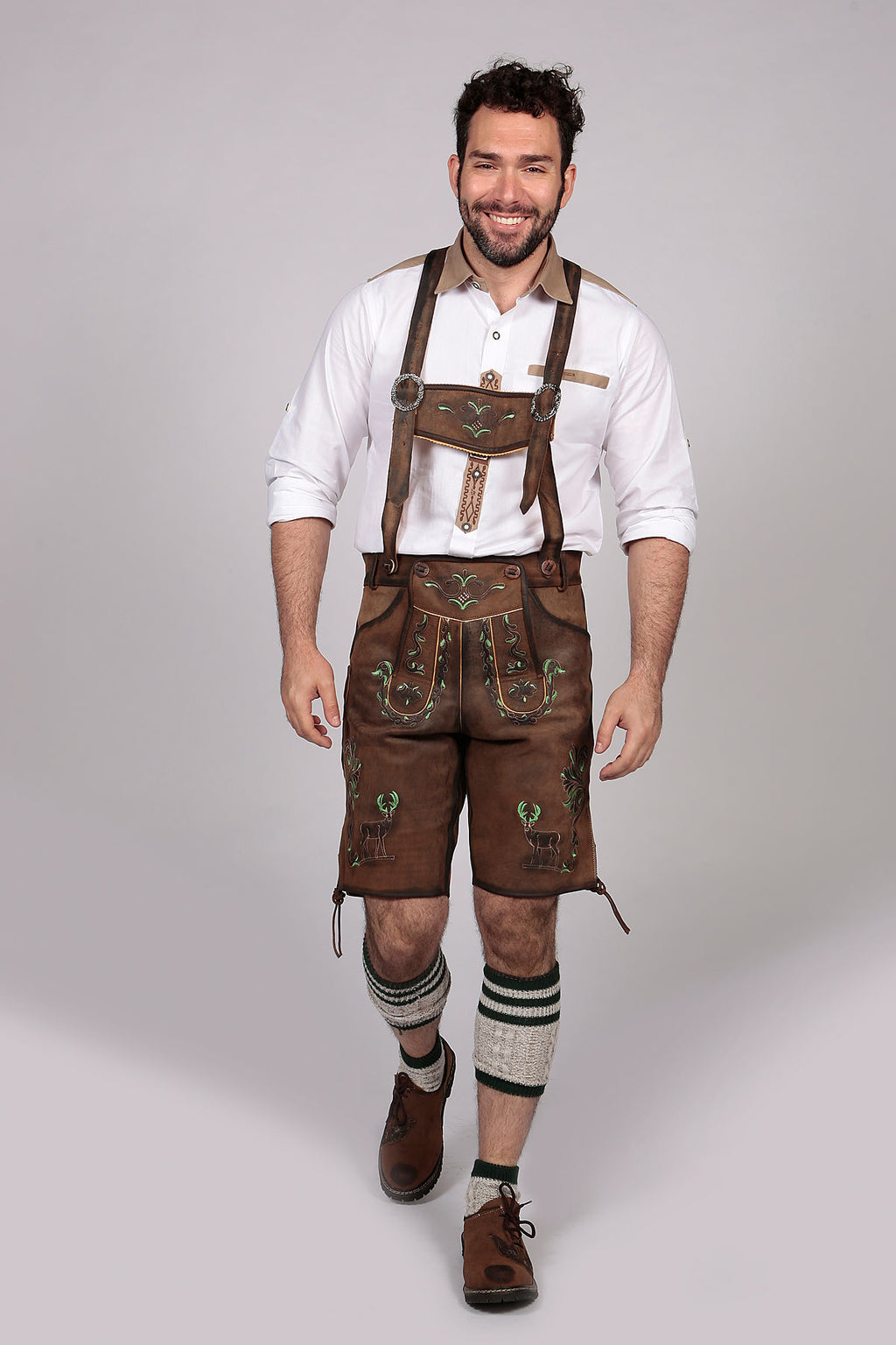 Mens Lederhosen Brown Green Deer Motifs