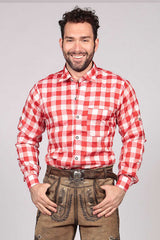 Red and white checkered shirt with classic Bavarian gingham pattern, perfect for folk festivals