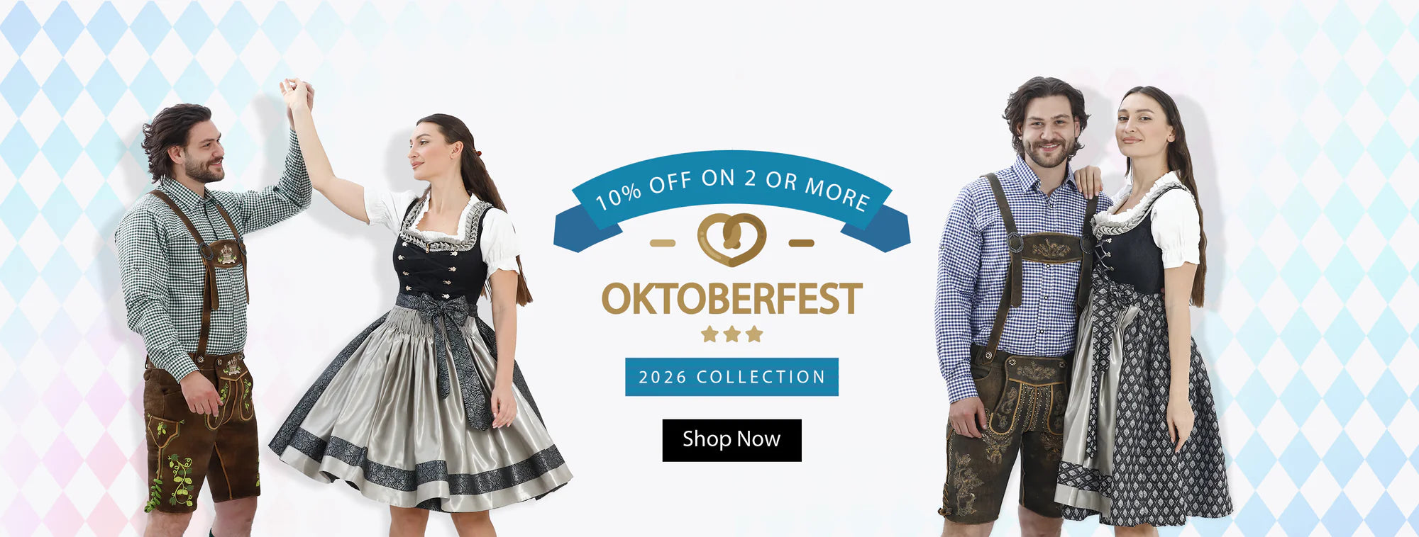 Couples in traditional Oktoberfest dirndl and lederhosen from the 2026 collection, with a 10% off promotion banner.