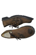 Brown suede Trachten shoes with stag embroidery and braided rope lacing, chunky lug sole for festivals