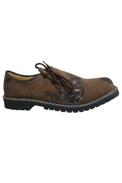 Brown suede Trachten shoes with stag embroidery and braided rope lacing, chunky lug sole for festivals
