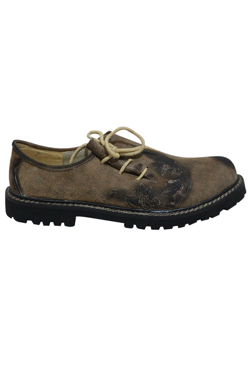 Light brown suede shoes with black trim, rope laces, and a thick crepe sole for Bavarian folk wear