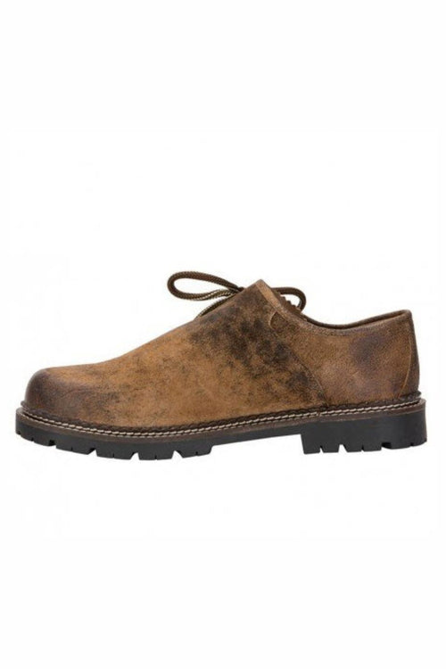 Tan suede lace-up boots with cream rope ties, stitched edging, and thick crepe sole for Alpine wear