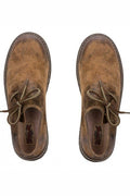 Tan suede lace-up boots with cream rope ties, stitched edging, and thick crepe sole for Alpine wear