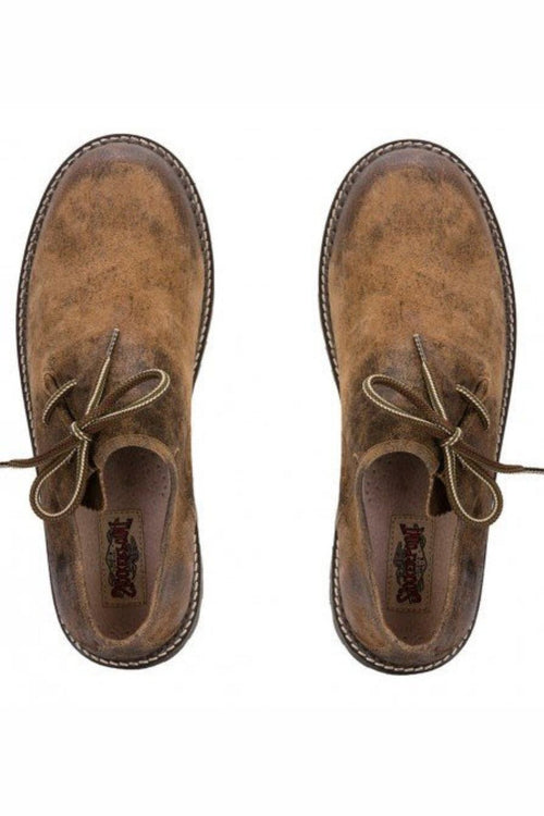 Tan suede lace-up boots with cream rope ties, stitched edging, and thick crepe sole for Alpine wear