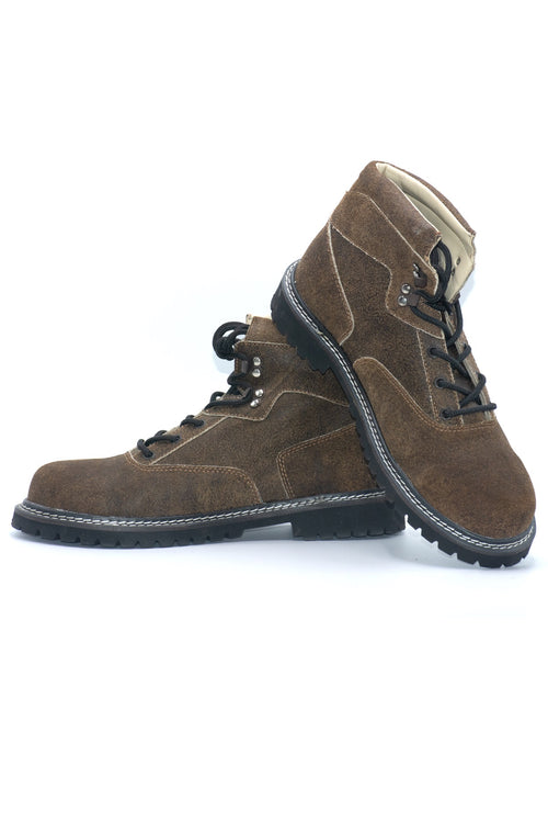 Mocha brown suede hiking boots with black laces, reinforced sole, and padded ankle collar for Alpine trails