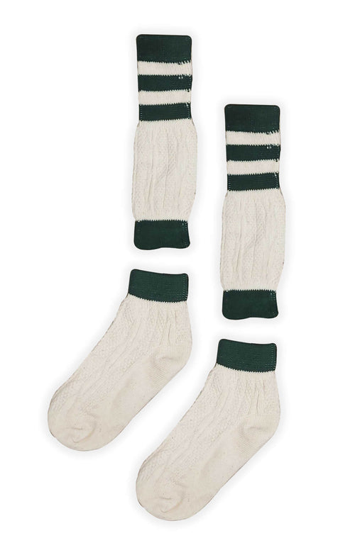 Off-white Loferl socks with forest green and cream striped cuff band and cable knit texture throughout