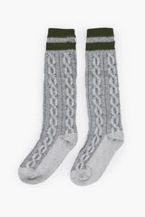 Light grey wool Trachten socks with cable-knit pattern and green stripe cuff for traditional style