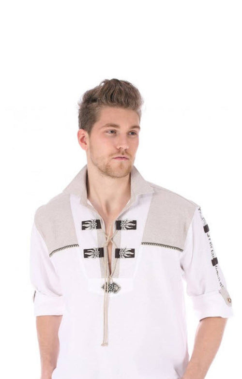 Moon-white Bavarian folk shirt with black ornamental clasps and decorative embroidery down the front placket
