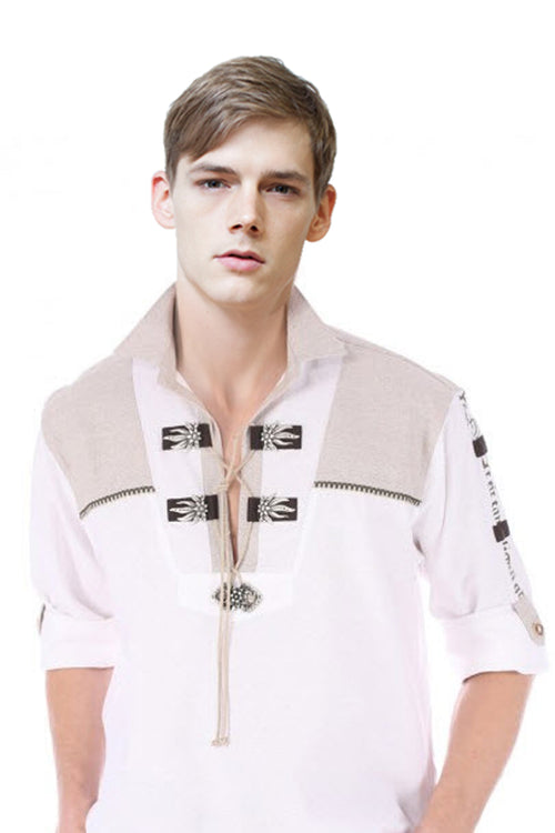 Moon-white Bavarian folk shirt with black ornamental clasps and decorative embroidery down the front placket