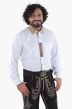 Milky white Trachten shirt with tan collar and embroidered chest trim, traditional button front and folk detailing