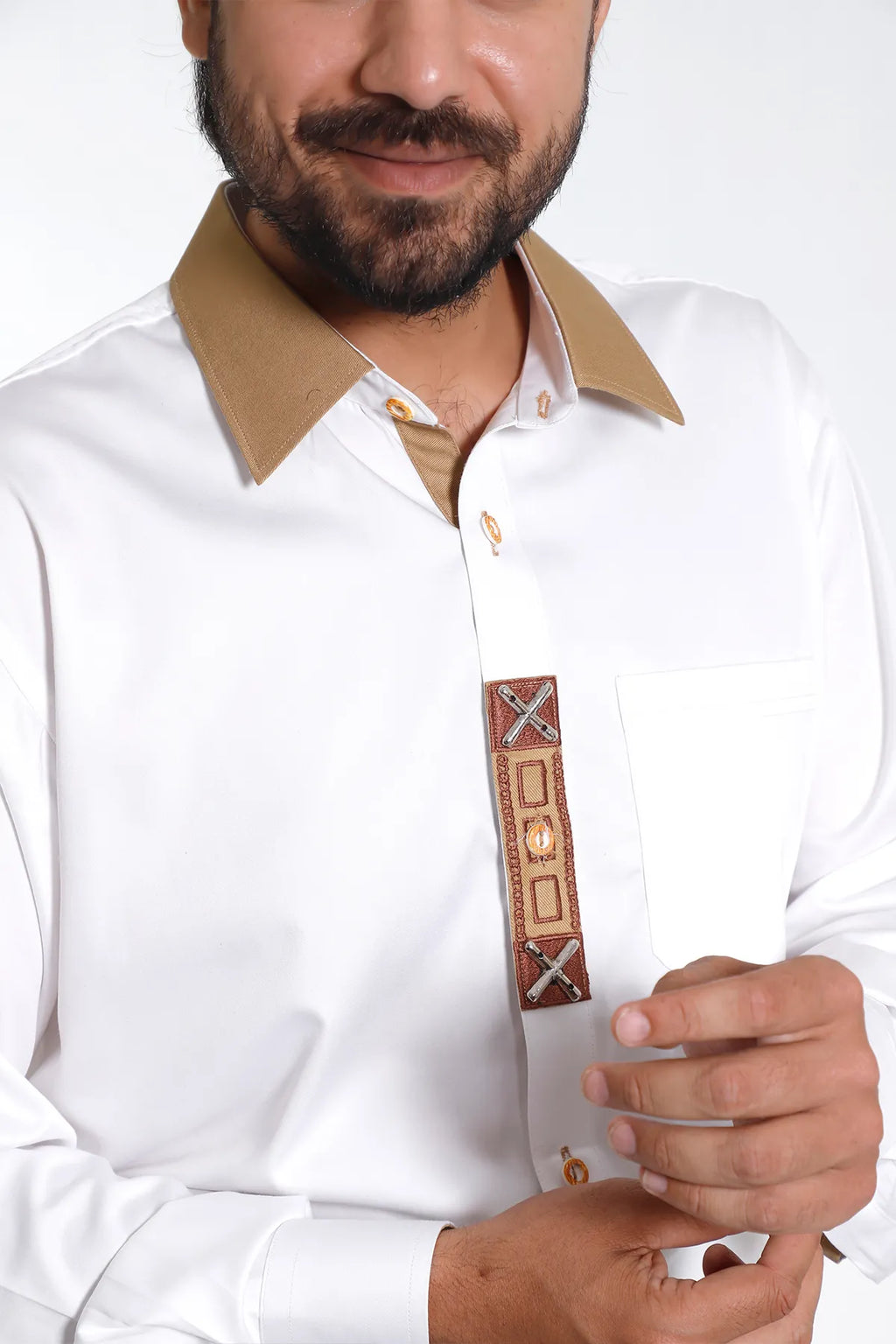 Lederhosen Men Traditional White Shirt with Embellishment on Collar and Cuffs.