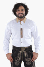 Milky white Trachten shirt with tan collar and embroidered chest trim, traditional button front and folk detailing