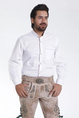 Cream white Trachten shirt with mauve-red piping, button front, and traditional Alpine collar styling