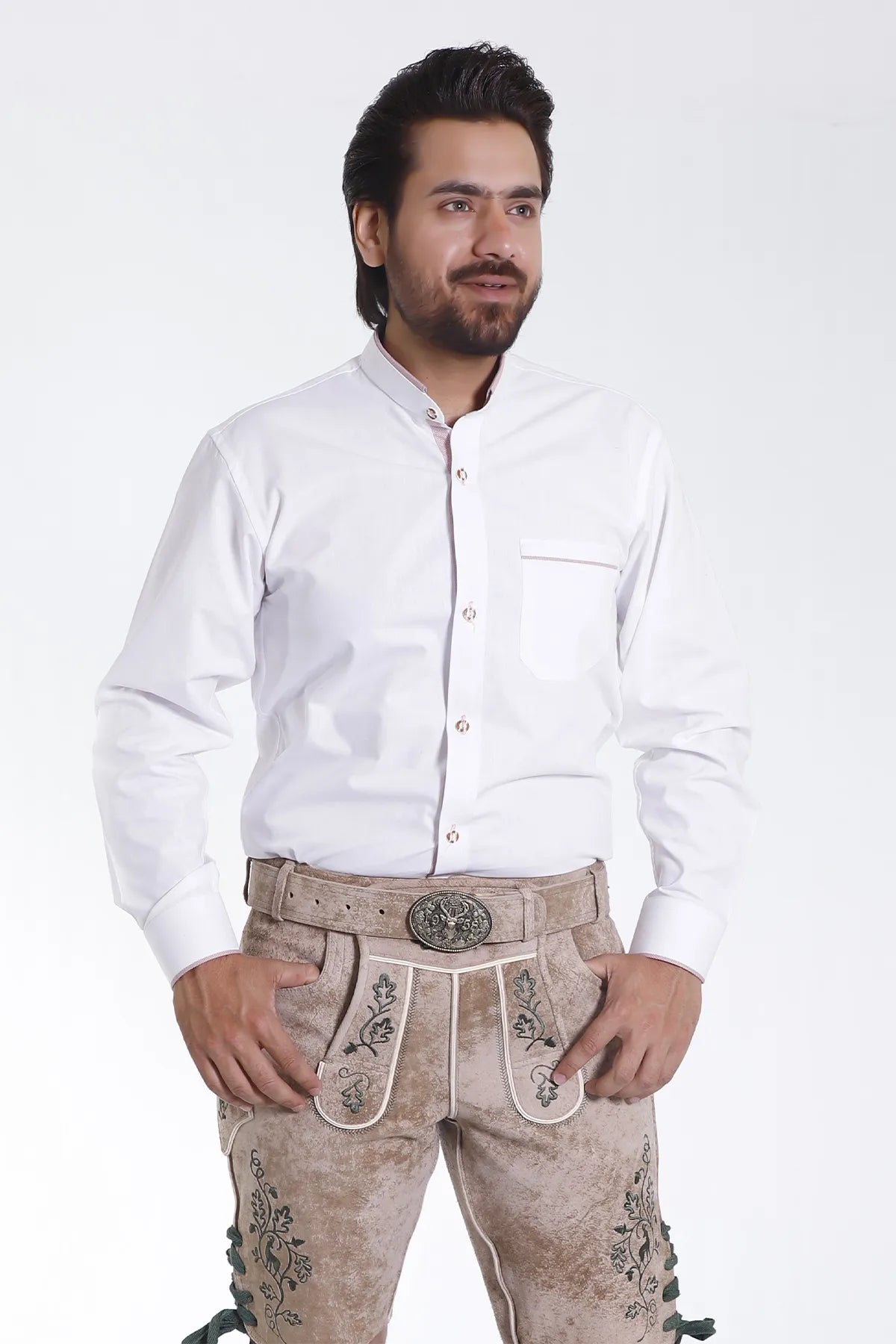 Lederhosen Men Traditional White Shirt with Embellishment on Collar and Cuffs.