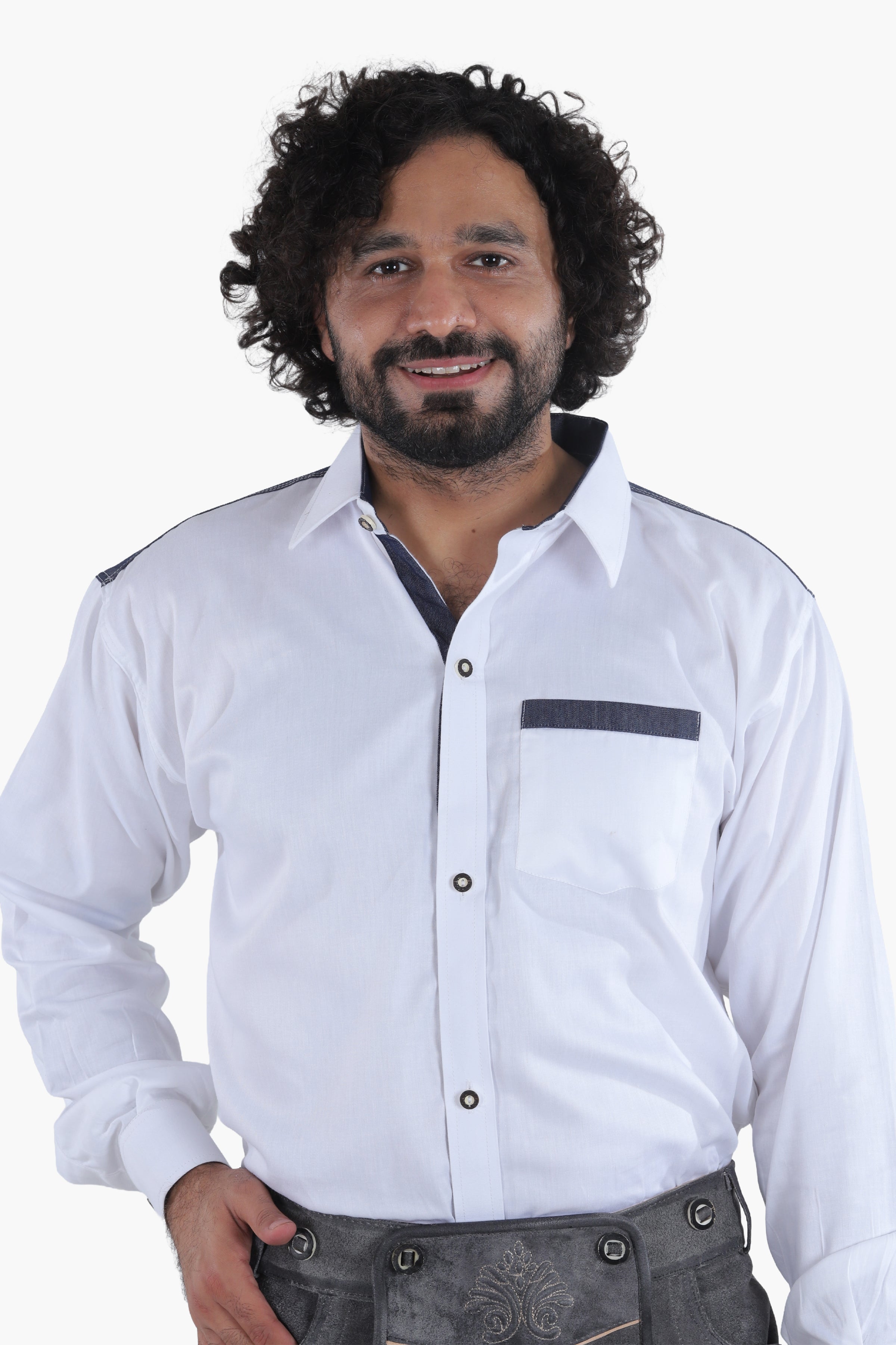 White Trachten shirt with royal blue accent cuffs and traditional button-front closure for folk wear