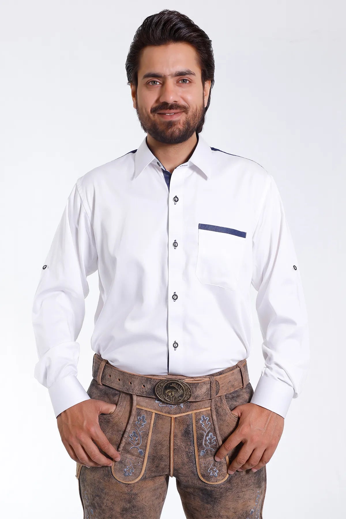 Lederhosen Men Traditional White Shirt with Embellishment on Collar and Cuffs.
