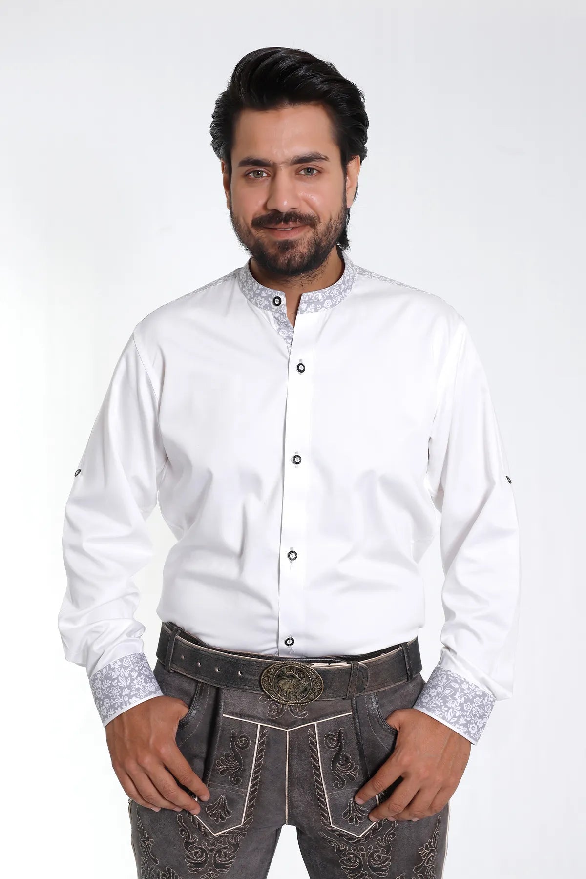 White Lederhosen Shirt with Floral Collar and Cuffs