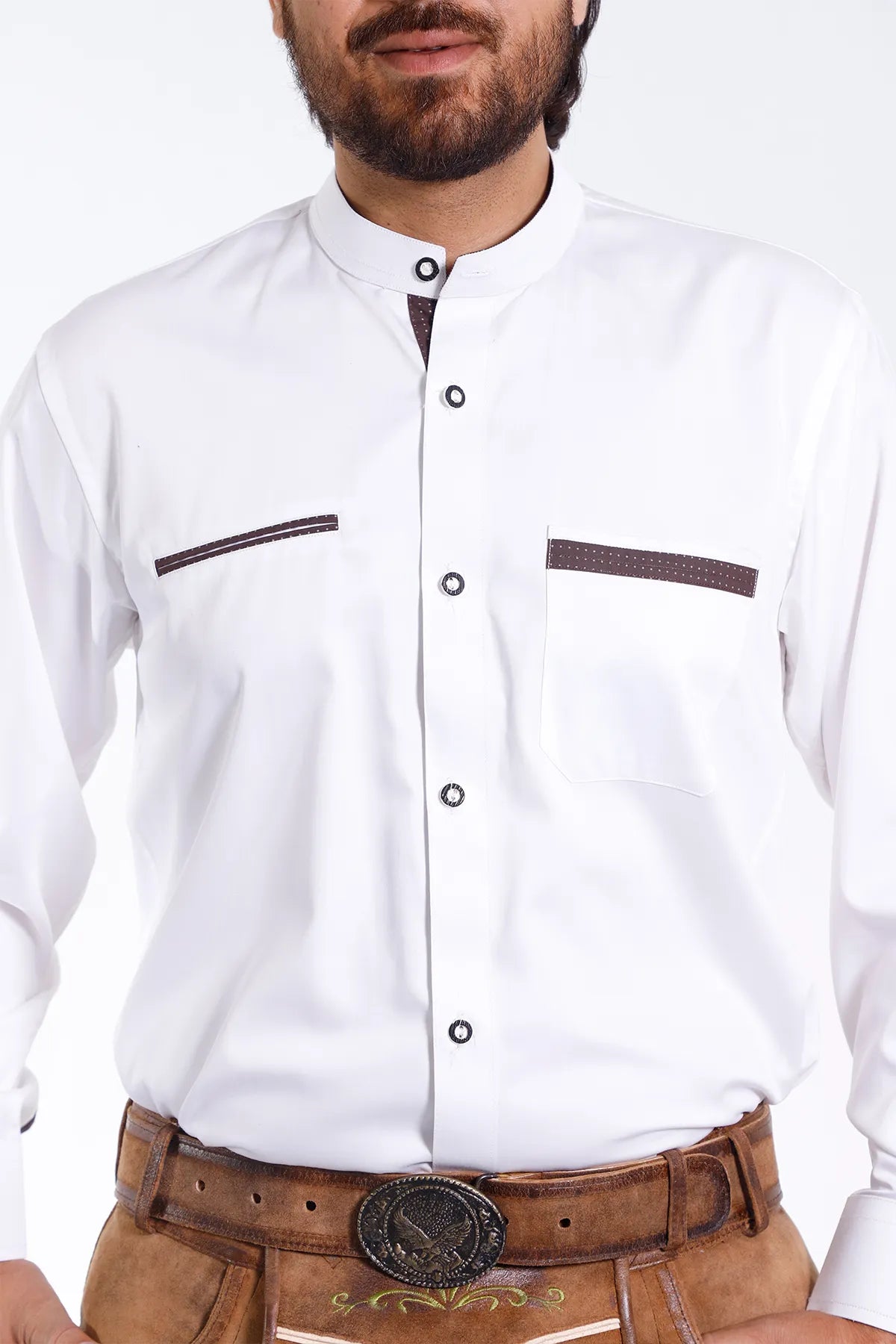 Mens White Bavarian Shirt With Brown Polka Accents