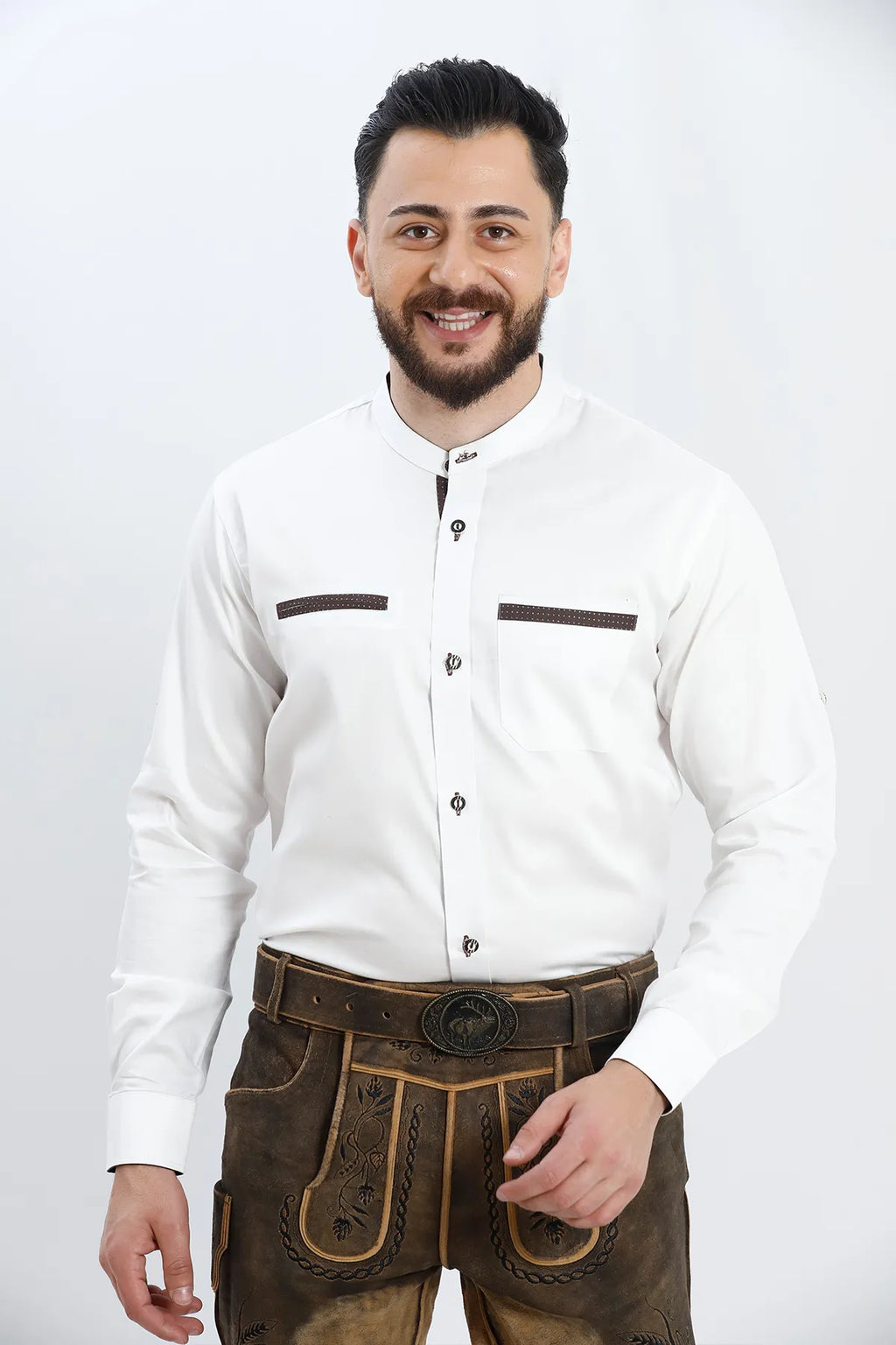 Mens White Bavarian Shirt With Brown Polka Accents 2XL