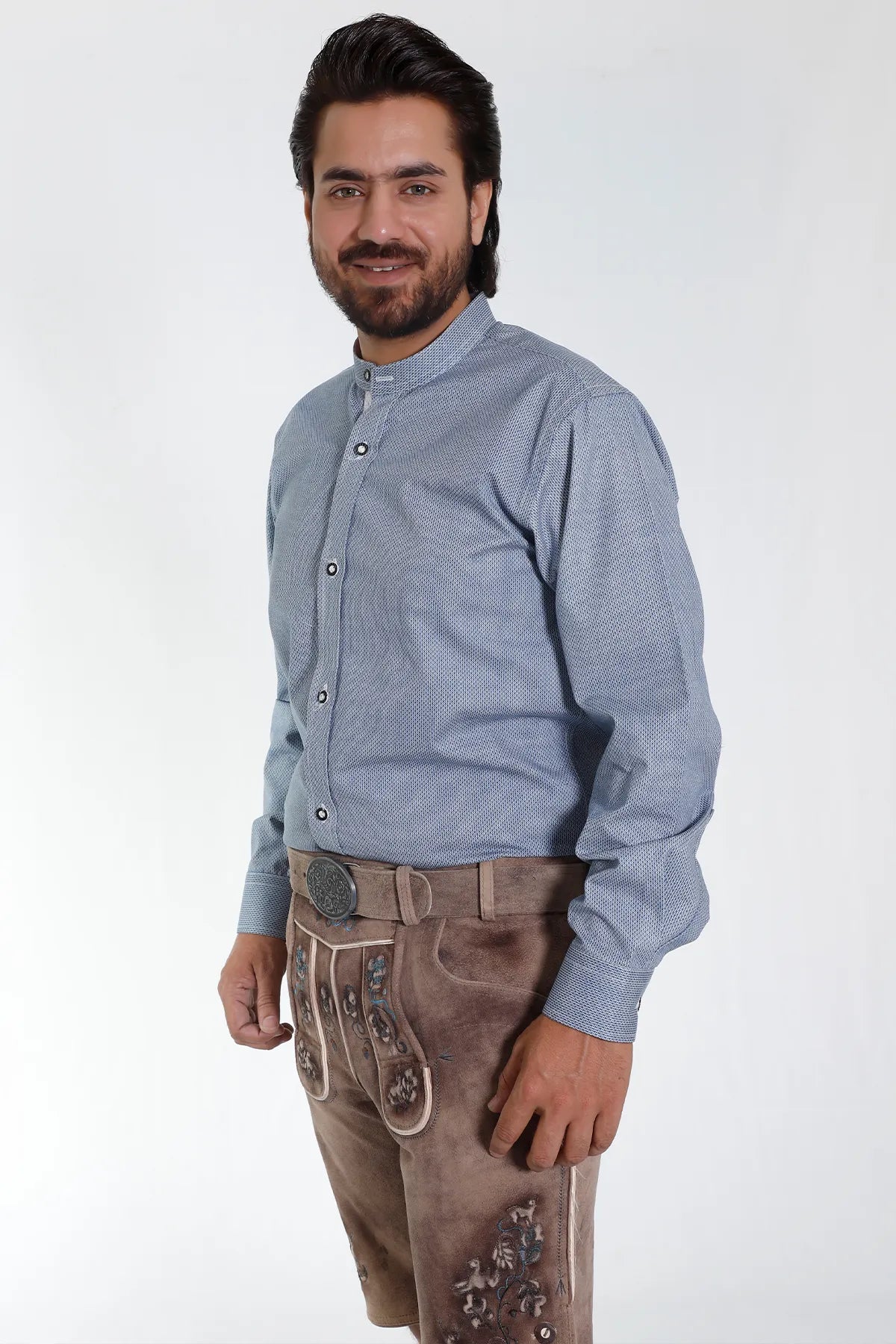 Blue Bavarian Shirt with Classic Geometric Pattern