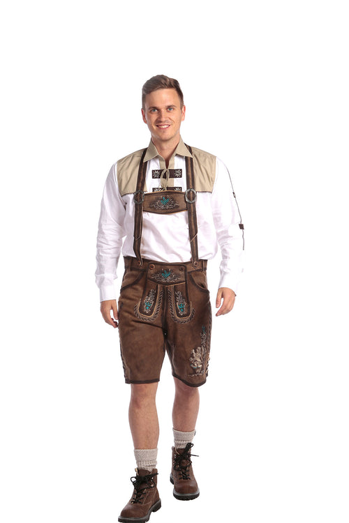 Deep brown suede knee-length shorts with teal heart embroidery, ornate bibs, and brown leather braces