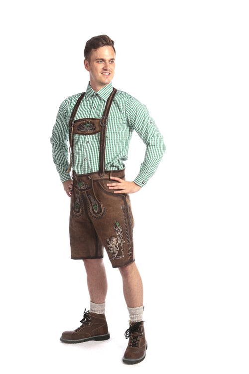 Chocolate brown lederhosen with cream stitching, decorative bibs, and scattered floral embroidery throughout