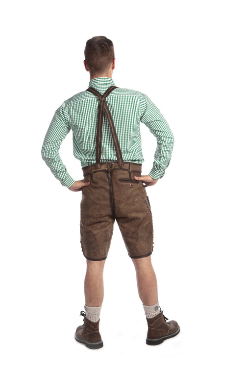 Chocolate brown lederhosen with cream stitching, decorative bibs, and scattered floral embroidery throughout