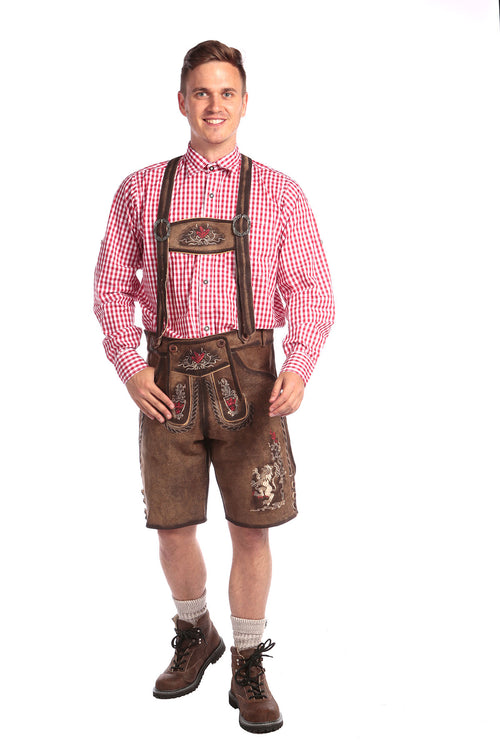 Brown suede lederhosen with rose embroidery and lion motif, gold-trimmed bib with decorative pockets