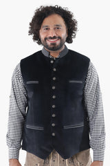 Black suede waistcoat with grey leather trim, ornamental buttons, and chest pockets for Alpine traditions