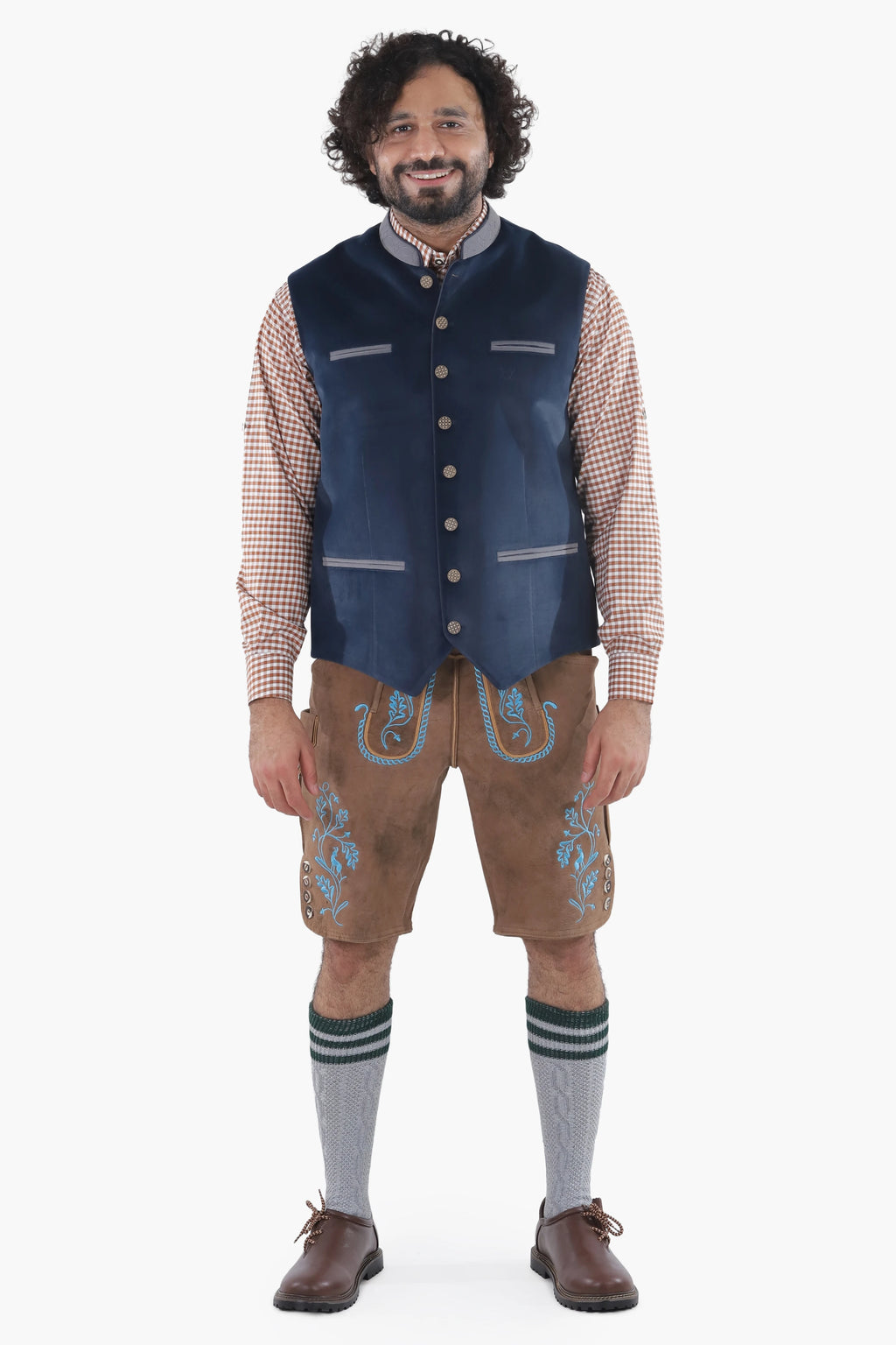 Midnight blue suede Bavarian vest with tan accent trim and decorative metal buttons, traditional folk styling