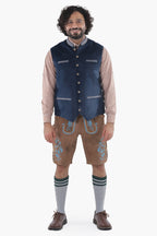 Midnight blue suede Bavarian vest with tan accent trim and decorative metal buttons, traditional folk styling