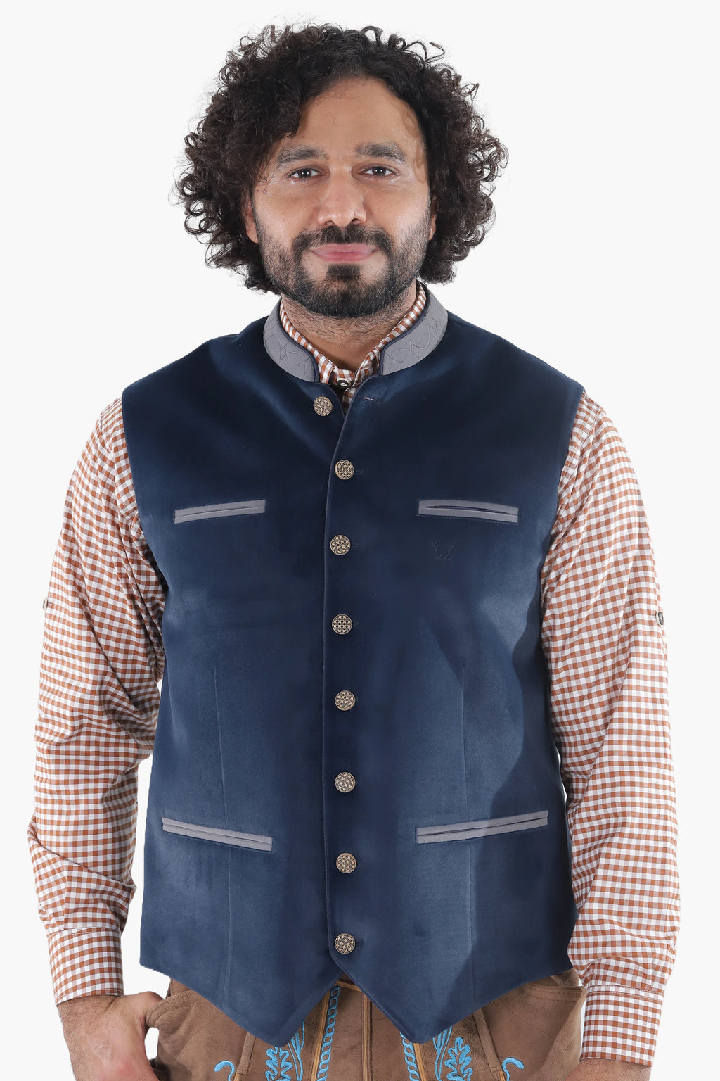 Midnight blue suede Bavarian vest with tan accent trim and decorative metal buttons, traditional folk styling