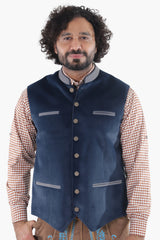 Midnight blue suede Bavarian vest with tan accent trim and decorative metal buttons, traditional folk styling