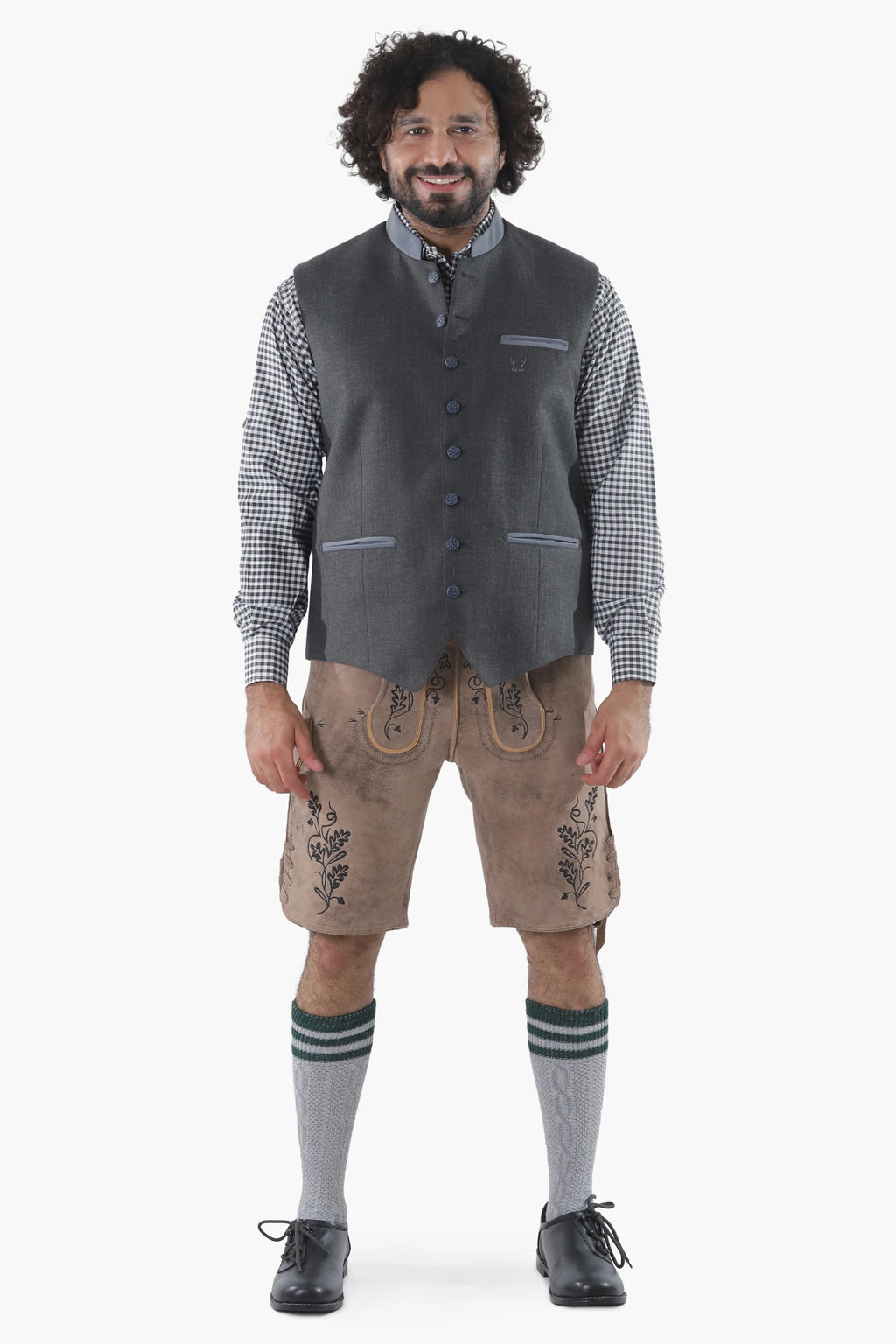 Steel grey wool vest with button front, breast pockets, and subtle grey piping for Alpine tradition