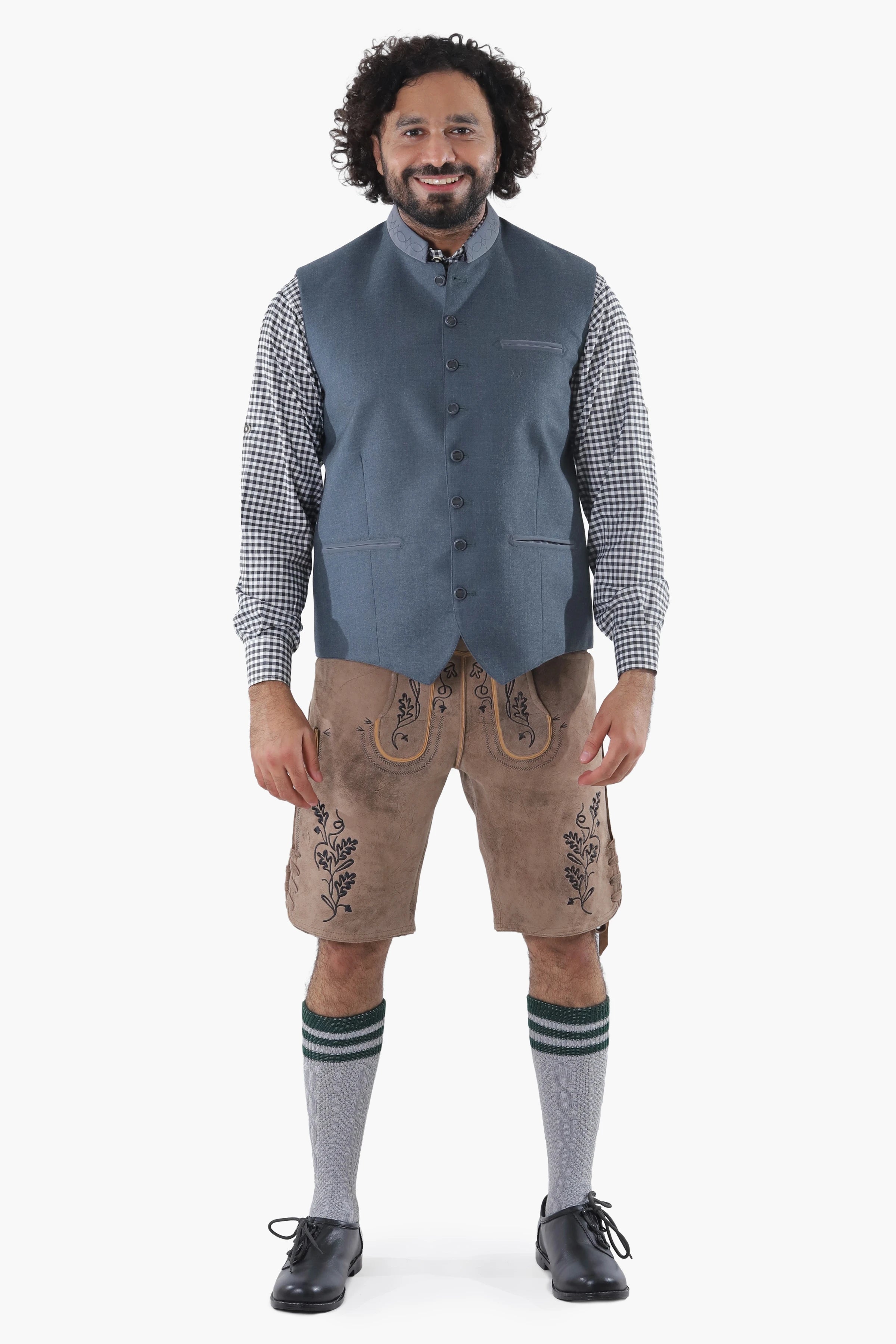 Classic grey Trachten waistcoat in soft wool featuring dark buttons and refined fit over checkered shirts